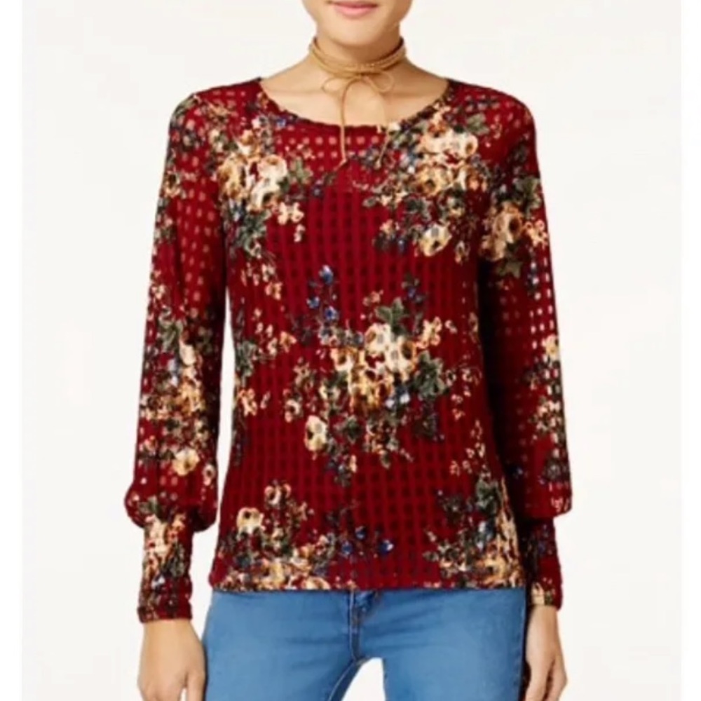 One Hart long sleeve floral printed top blouse burgundy multi M